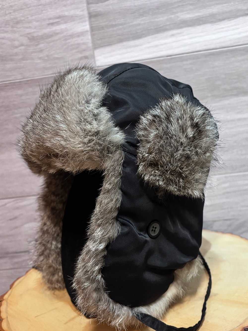 Genuine Rabbit Fur lined Trapper Hat - Black size medium like new!
